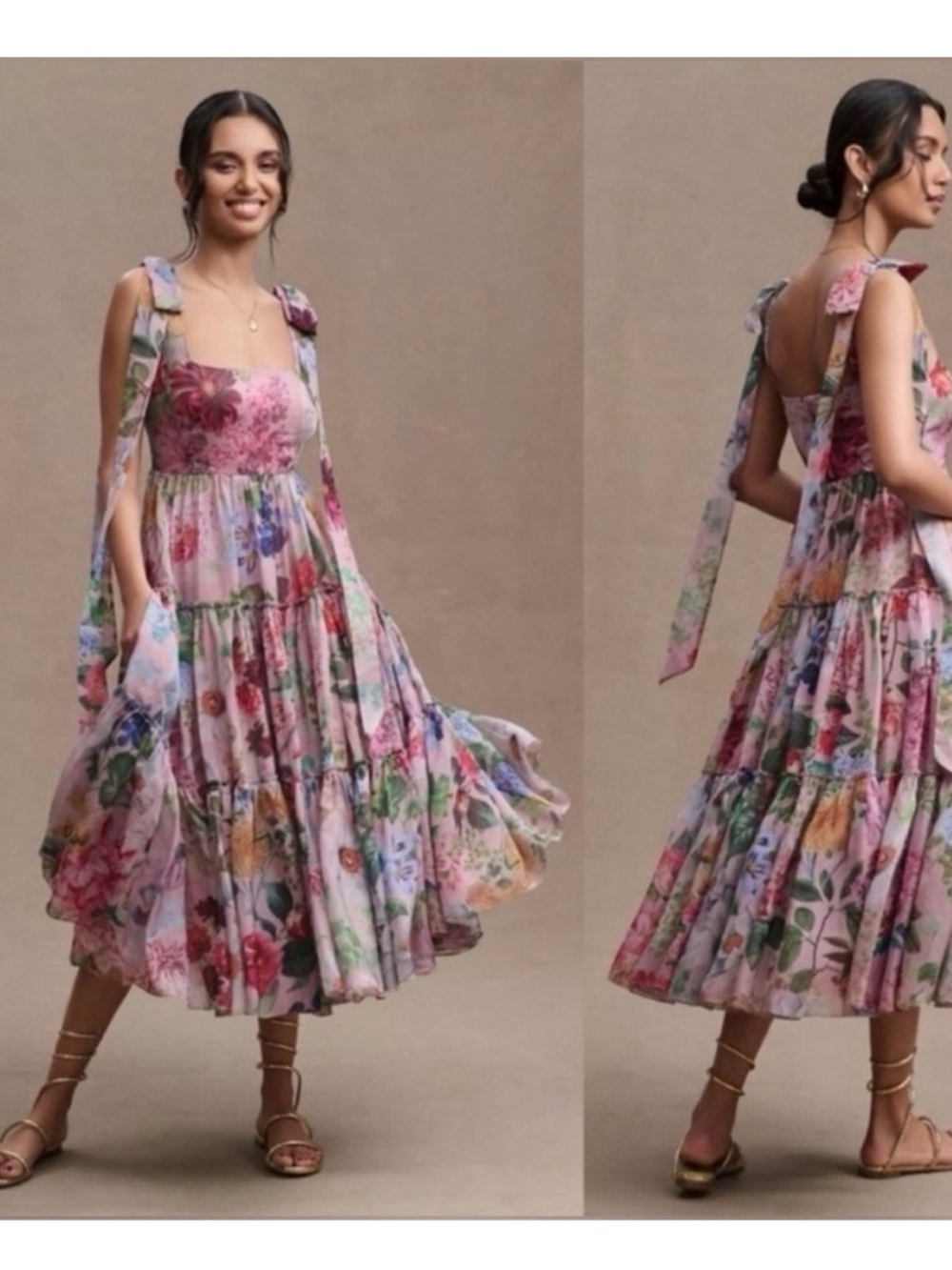 BHLDN GEISHA DESIGNS ANTHROPOLOGIE Floral Tie-Shoulder Midi Dress